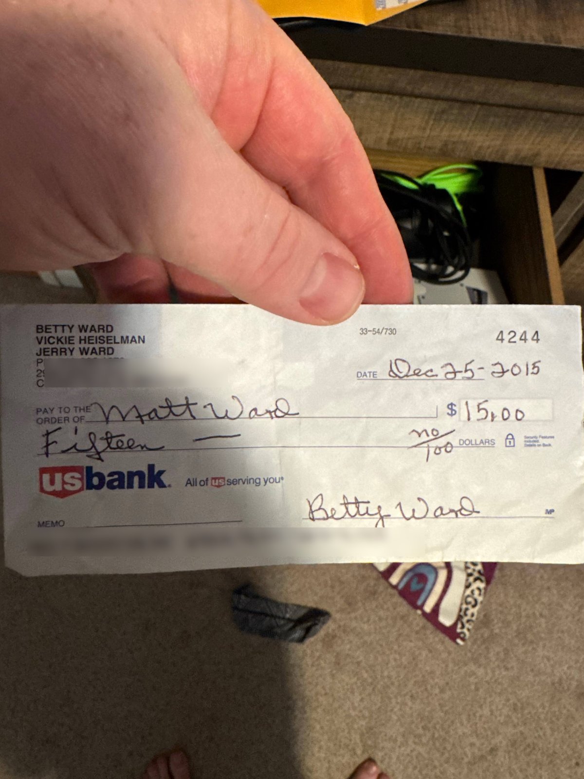 Betty Ward check to Matt Ward, $15.00, Dec 25 2015